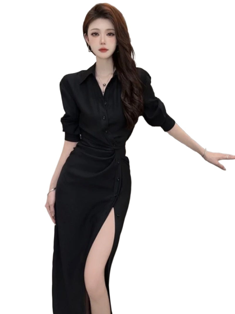 Black/Brown Collared Button Front Slit Shirt Maxi Dress