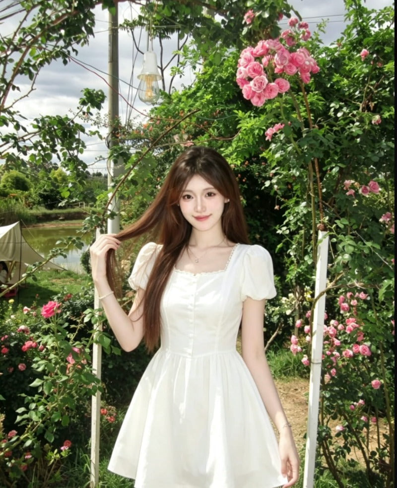 White Square Neck Puff Sleeve A-Line Mini Dress