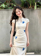 Ivory Butterfly Embroidered Mandarin Collar Maxi Dress