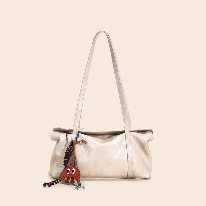Retro Glossy Leather Shoulder Bag with Charm