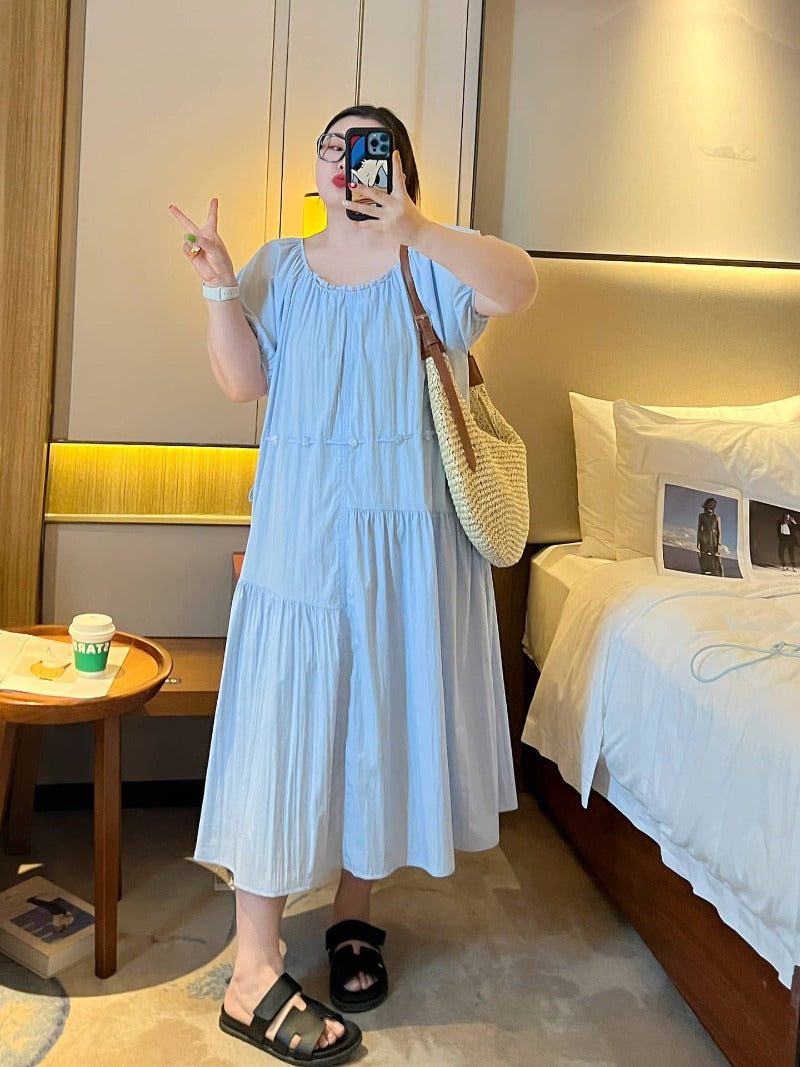 Gathered Round Neck Puff Sleeve Tie Waist Tiered Maxi Dress