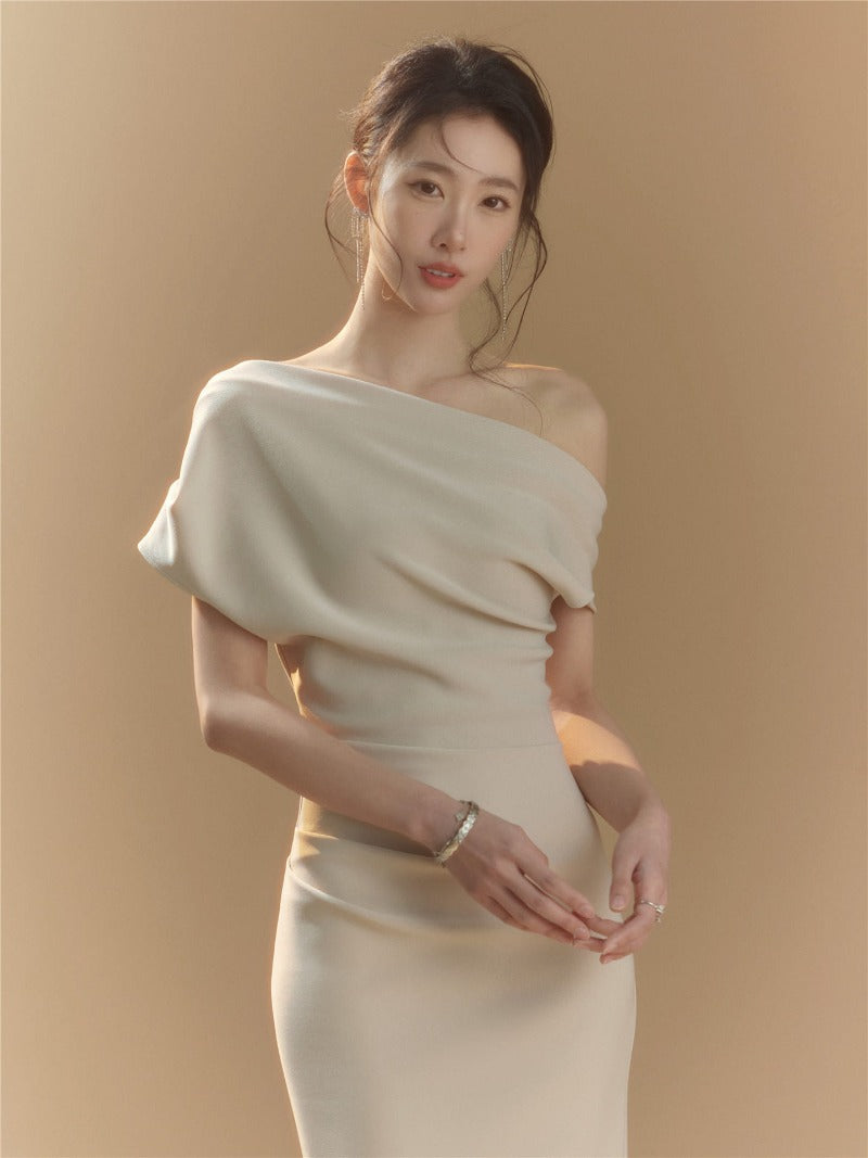 Asymmetric One Shoulder Draped Bodycon Midi Dress
