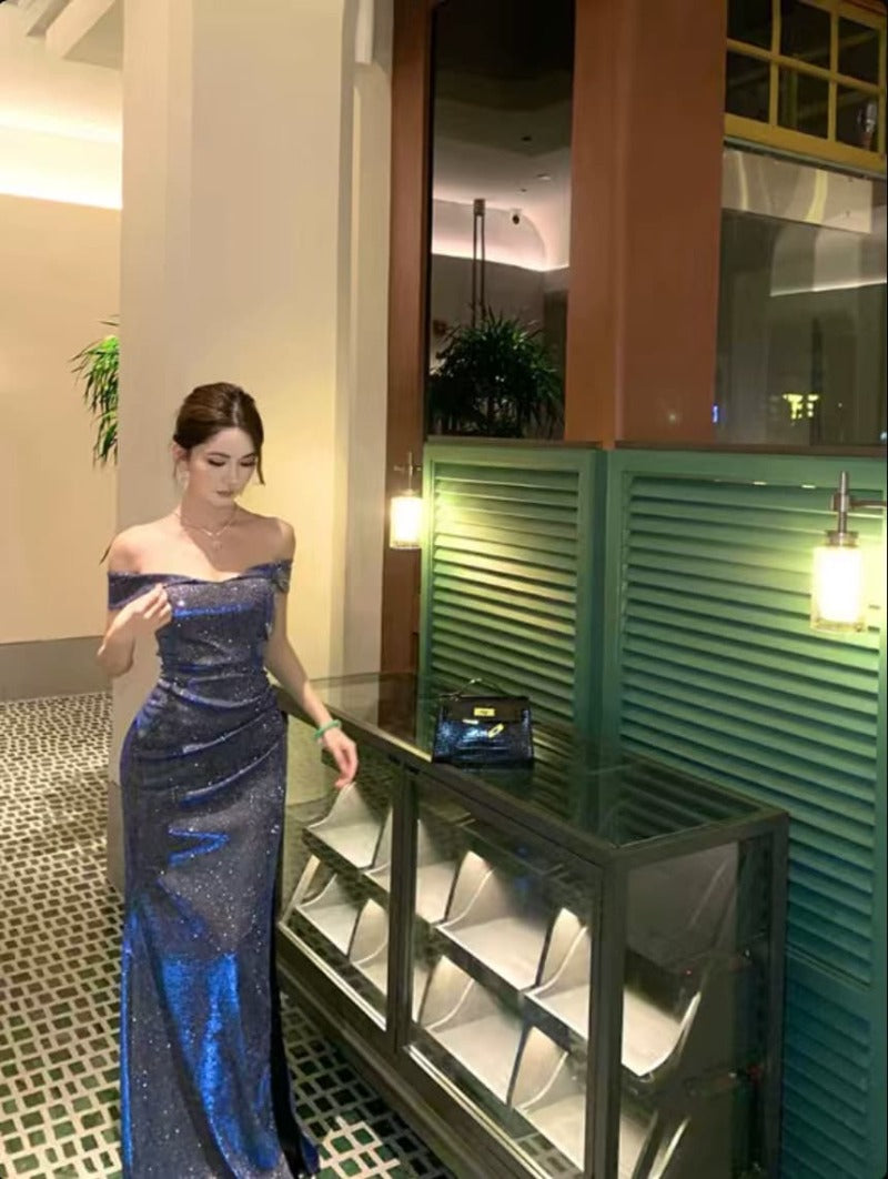 Blue Off Shoulder Sequin Ruched Slit Mermaid Maxi Dress
