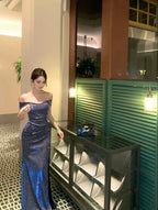 Blue Off Shoulder Sequin Ruched Slit Mermaid Maxi Dress