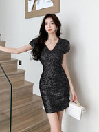 Sequin V Neck Ruched Bodycon Mini Dress