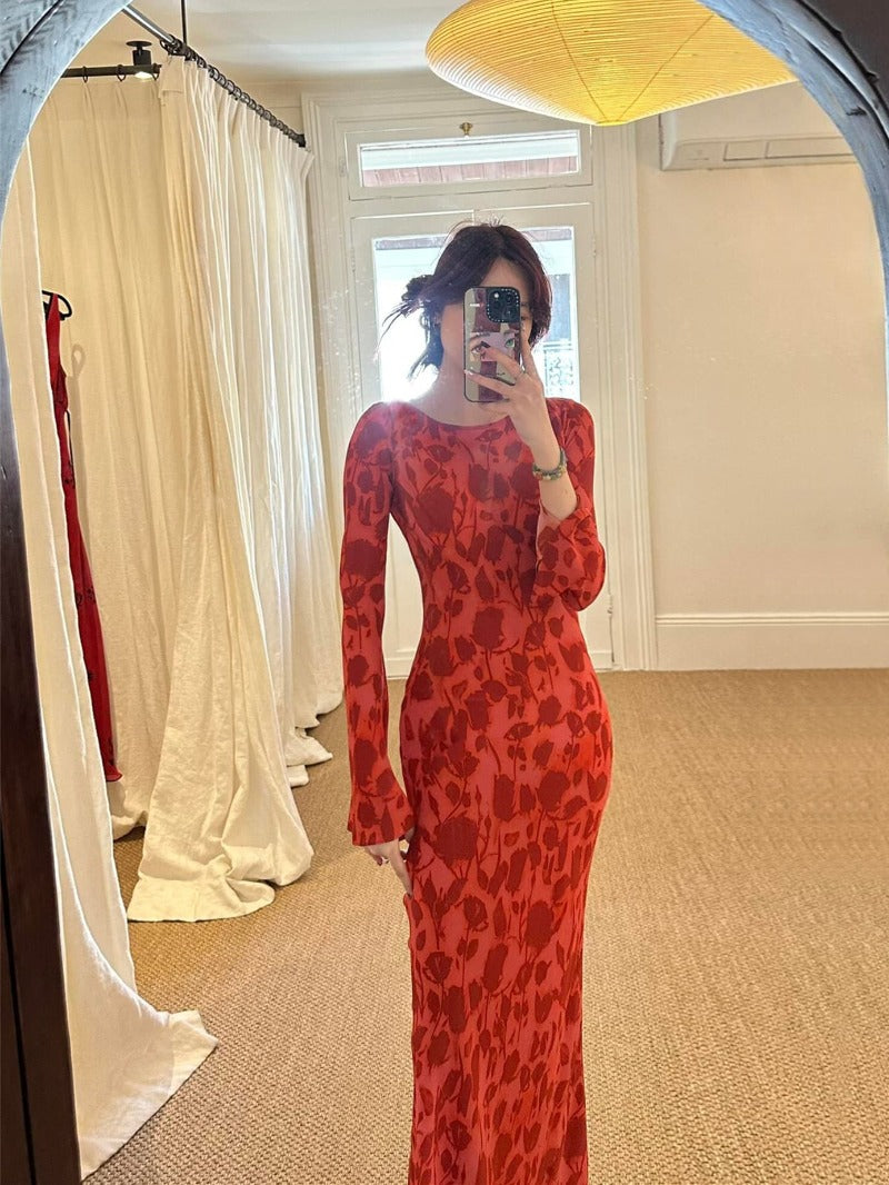 Floral Round Neck Bell Sleeve Mermaid Maxi Dress Secondary image