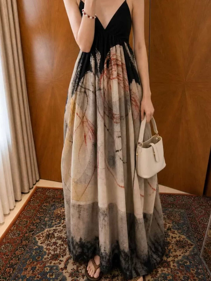 Vintage Print V Neck Spaghetti Strap A-Line Maxi Dress
