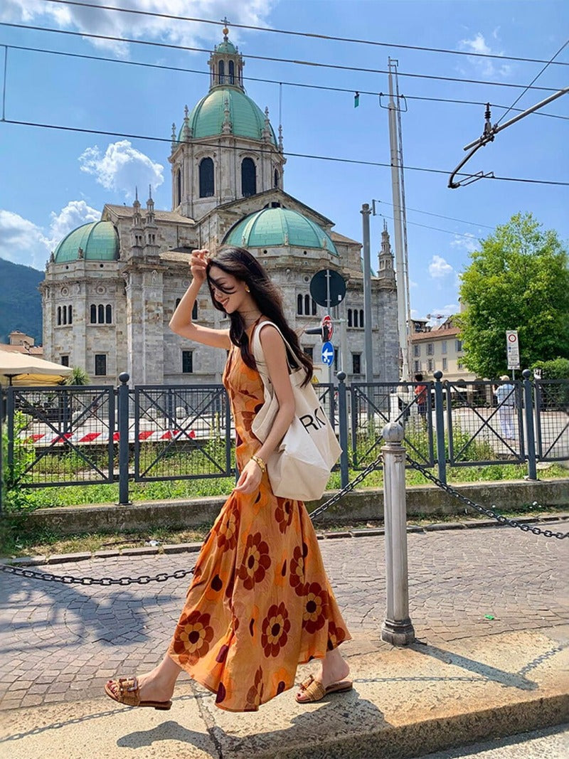Sunset Bloom V Neck Floral A-Line Maxi Dress