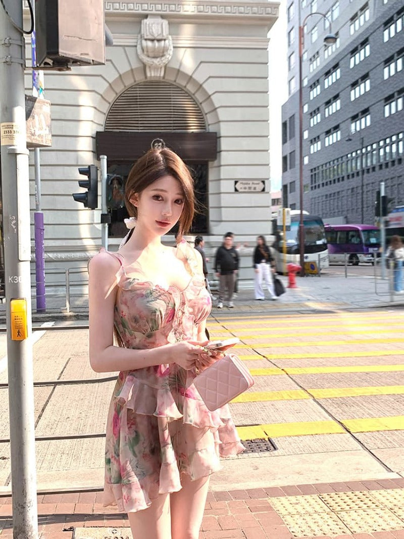Floral Ruffle Strap Lace Up Fit And Flare Mini Dress