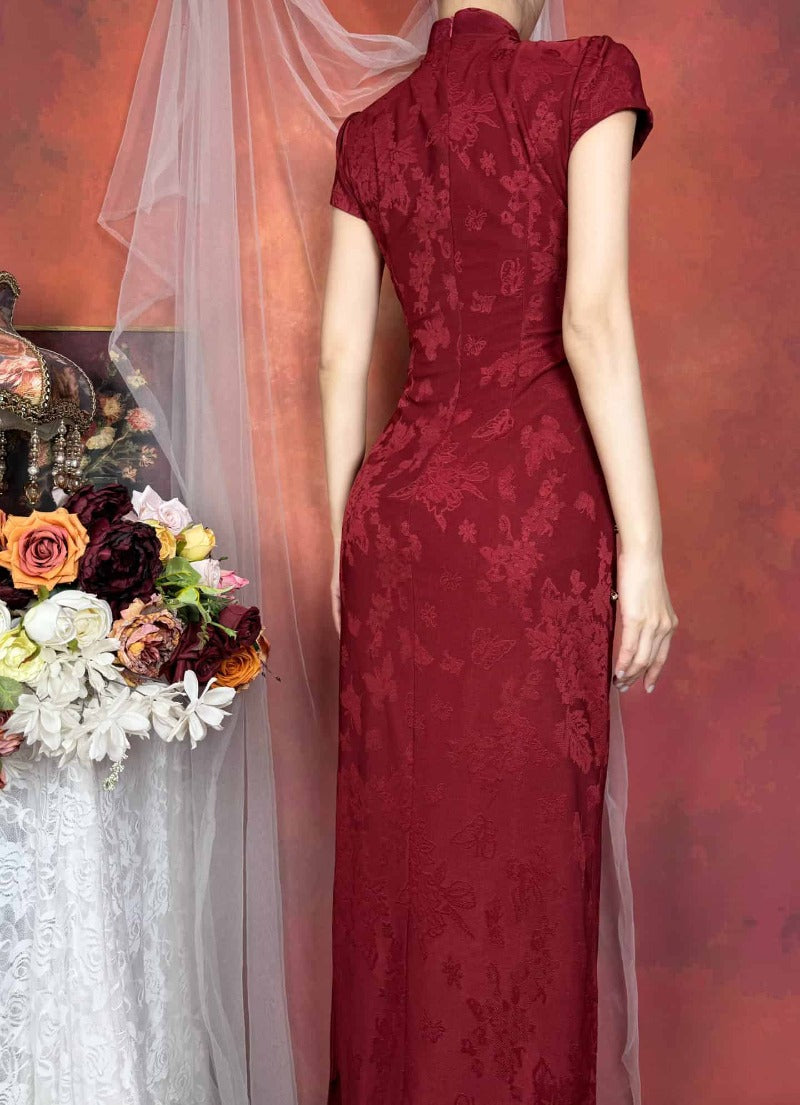 Red Mandarin Collar Butterfly Embroidered Qipao Midi Dress
