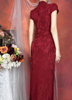 Red Mandarin Collar Butterfly Embroidered Qipao Midi Dress