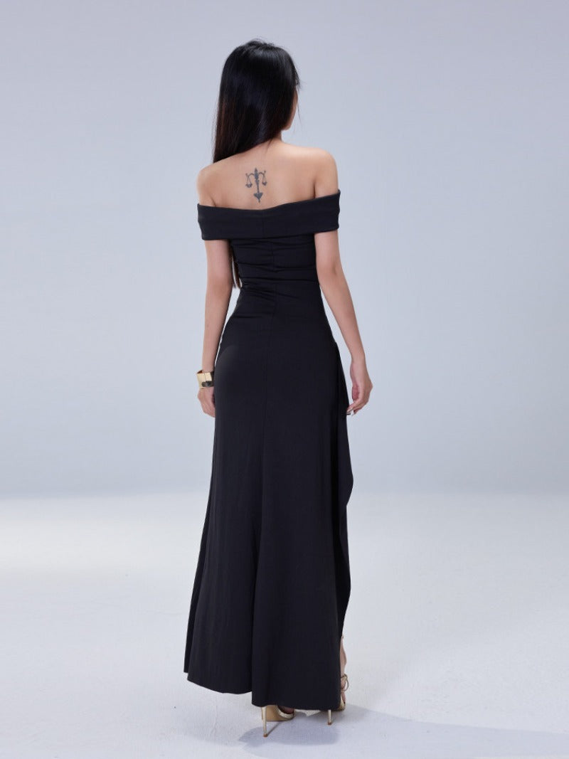 Black Off Shoulder Ruched High Slit Maxi Dress