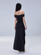 Black Off Shoulder Ruched High Slit Maxi Dress