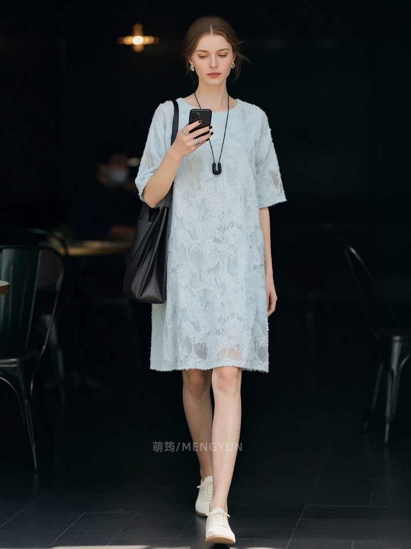 Light Blue Textured Floral Round Neck Short Sleeve Shift Mini Dress