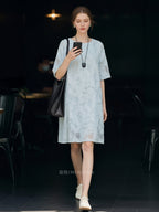 Light Blue Textured Floral Round Neck Short Sleeve Shift Mini Dress