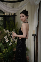 Black Sequin Halter Cutout Maxi Dress