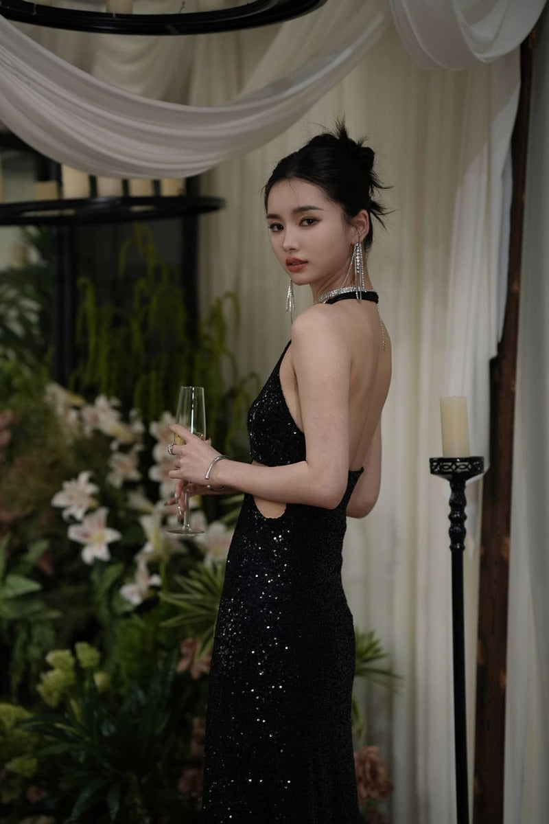 Black Sequin Halter Cutout Maxi Dress