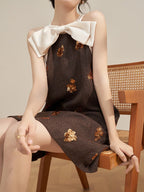 Brown Bow Neck Sequin Embellished Shift Mini Dress
