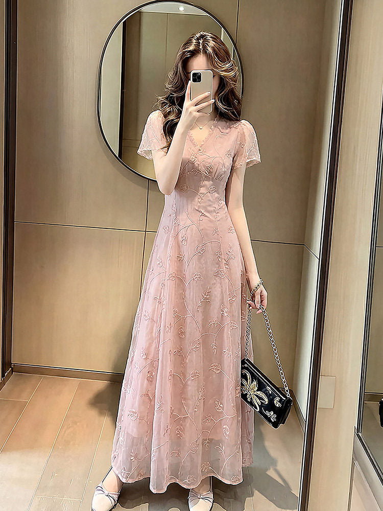 Draped V Neck Lace Sleeve Bodycon Maxi Dress