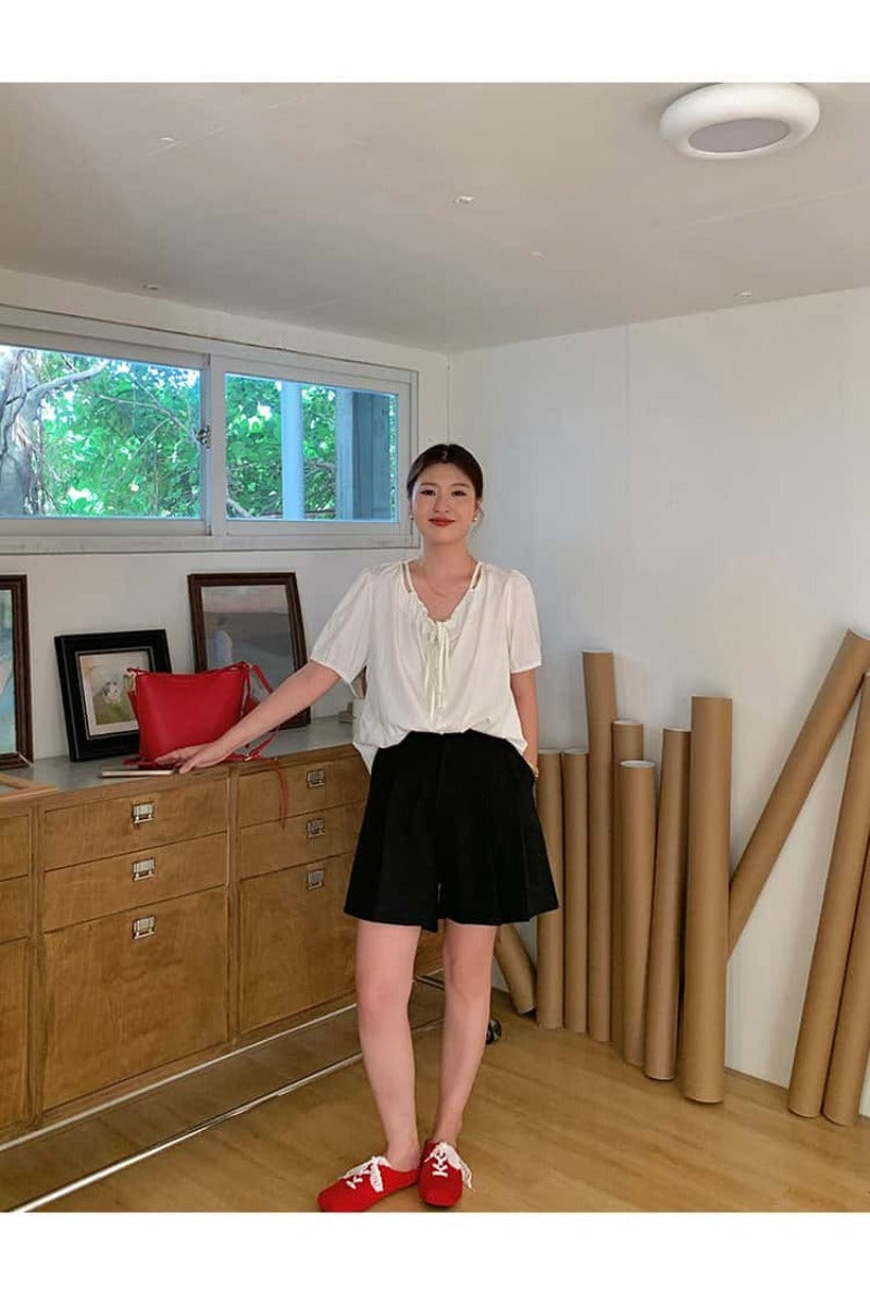 Apricot/Black Tie Front V Neck Puff Sleeve Blouse Top