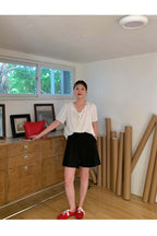 Apricot/Black Tie Front V Neck Puff Sleeve Blouse Top