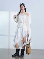 White Lace Trim Asymmetric Tiered Dress And Skirt