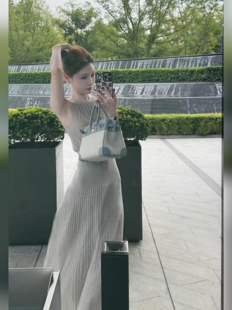 Gray Halter Pleated Sleeveless Bodycon Midi Dress