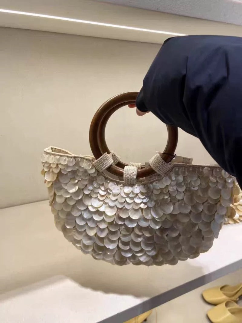 Ivory Shell Detail Evening Bag with Ring Handle