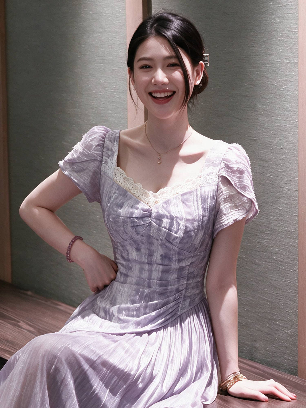 Purple Lace Trim Sweetheart Puff Sleeve A-Line Midi Dress