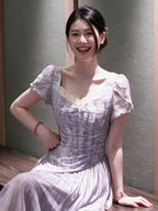 Purple Lace Trim Sweetheart Puff Sleeve A-Line Midi Dress