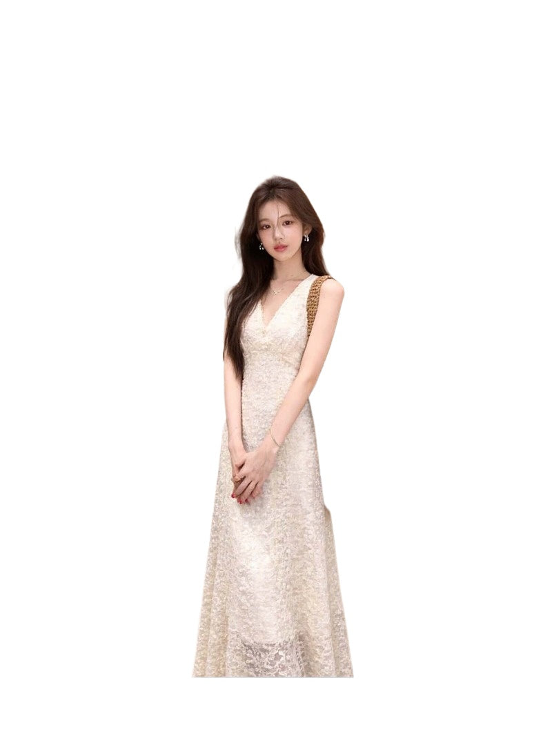 Beige Lace V-Neck Sleeveless Maxi Dress