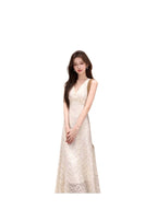 Beige Lace V-Neck Sleeveless Maxi Dress