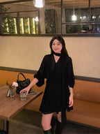 Black Tie Neck V-Neck 3/4 Sleeve Chiffon A-Line Mini Dress