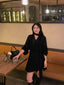 Black Tie Neck V-Neck 3/4 Sleeve Chiffon A-Line Mini Dress