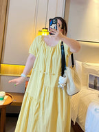 Gathered Round Neck Puff Sleeve Tie Waist Tiered Maxi Dress