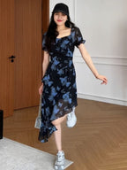 Black Blue Butterfly Square Neck Asymmetric Chiffon Dress