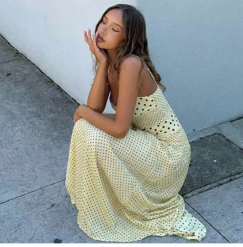 Playful Polka Dot Tie-Back Halter Maxi Dress