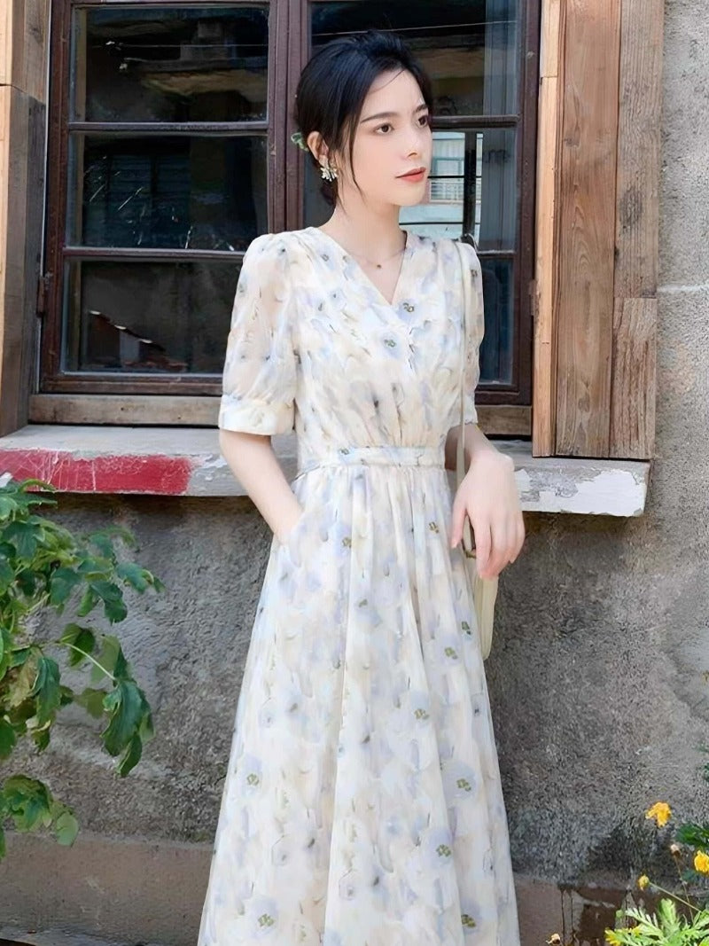 Soft Floral V-Neck Puff Sleeve A-Line Maxi Dress