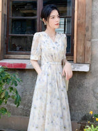 Soft Floral V-Neck Puff Sleeve A-Line Maxi Dress