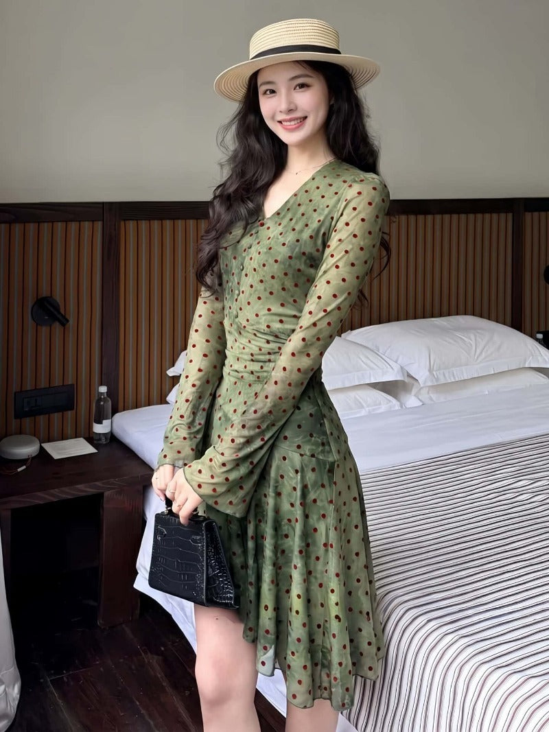 Green Polka Dot V-Neck A-Line Mini Dress