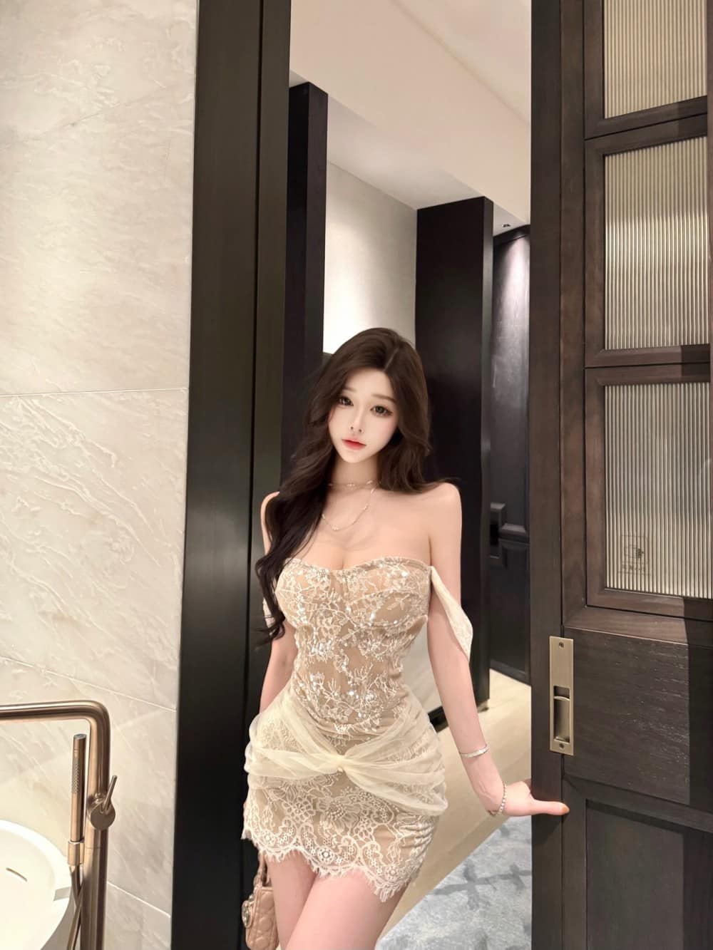 Champagne Lace Sequin Bodycon Mini Dress