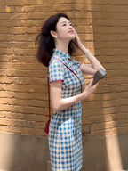Chinese Style Blue Gingham Mandarin Collar Short Sleeve Mini Dress