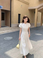 White Collared Button Front Waist Maxi Dress