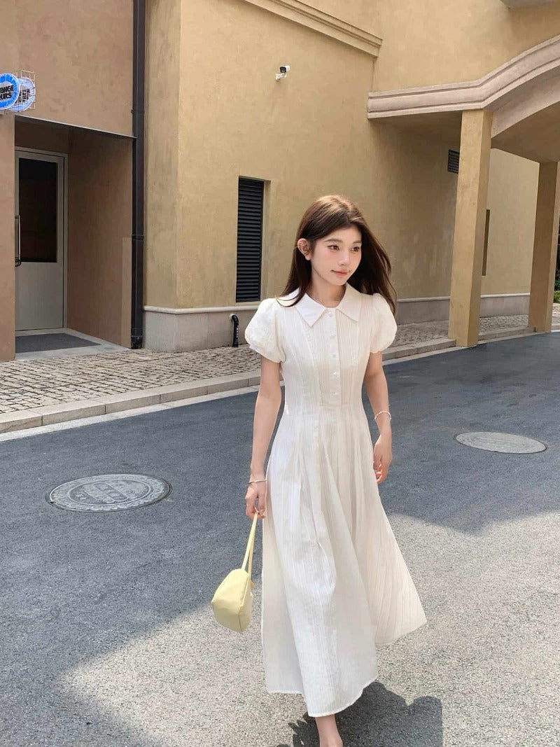 White Collared Button Front Waist Maxi Dress