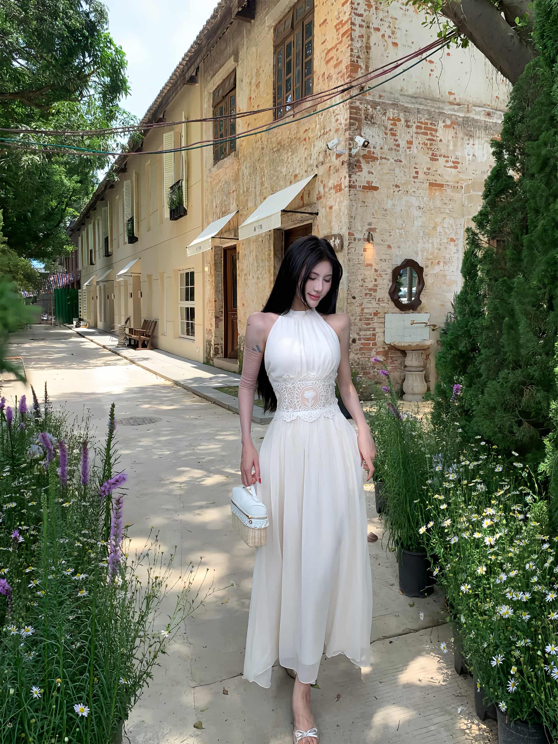White Lace Waist Halter Backless Mini & Maxi Dress