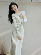 Cowl Neck Lantern Sleeve Pleated A-Line Maxi Dress