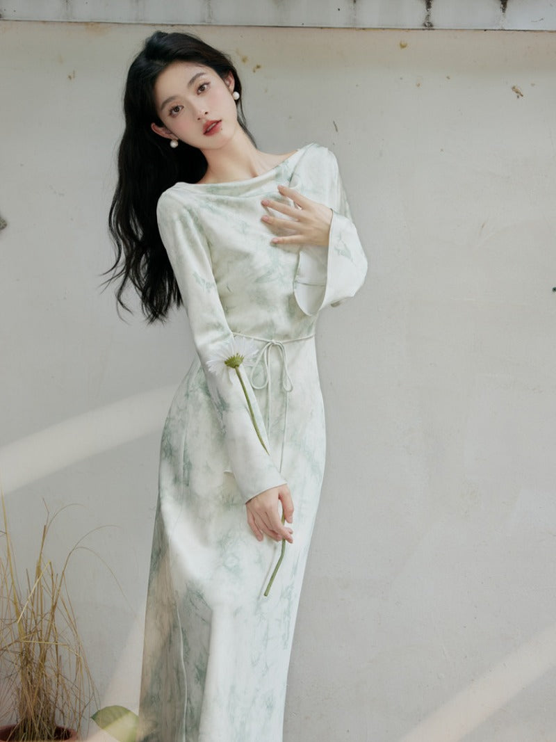 Cowl Neck Lantern Sleeve Pleated A-Line Maxi Dress