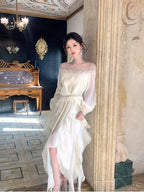 Ivory Sequin-Embellished Off-Shoulder Ruffle Maxi Dress