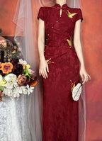 Red Mandarin Collar Butterfly Embroidered Qipao Midi Dress