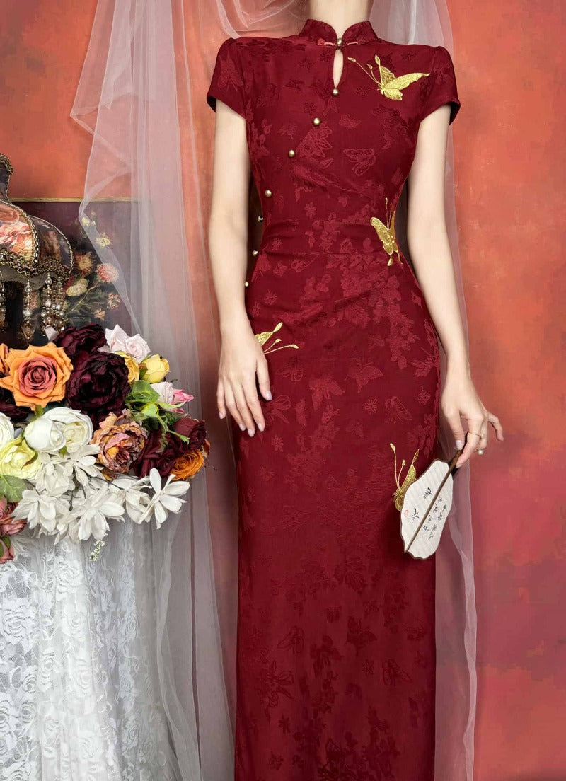 Red Mandarin Collar Butterfly Embroidered Qipao Midi Dress